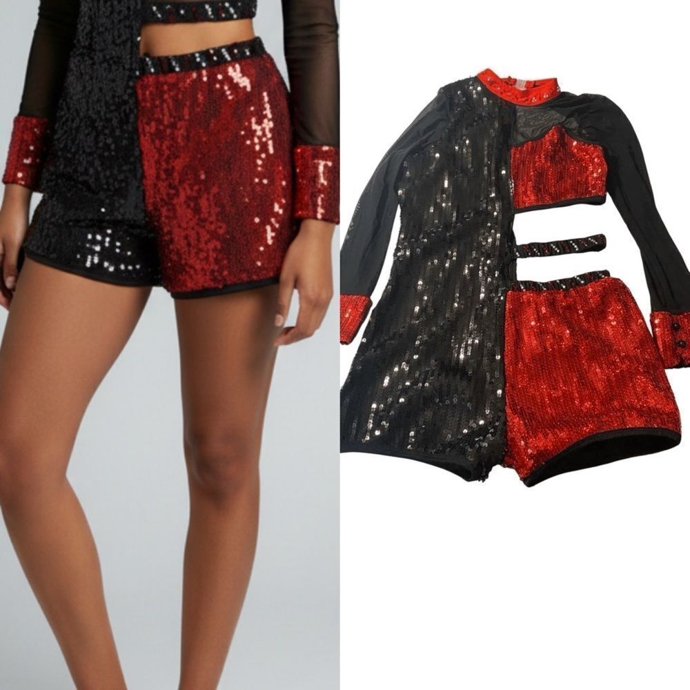 Glamour solo dance costume red black sequin XLA-Extra large adult